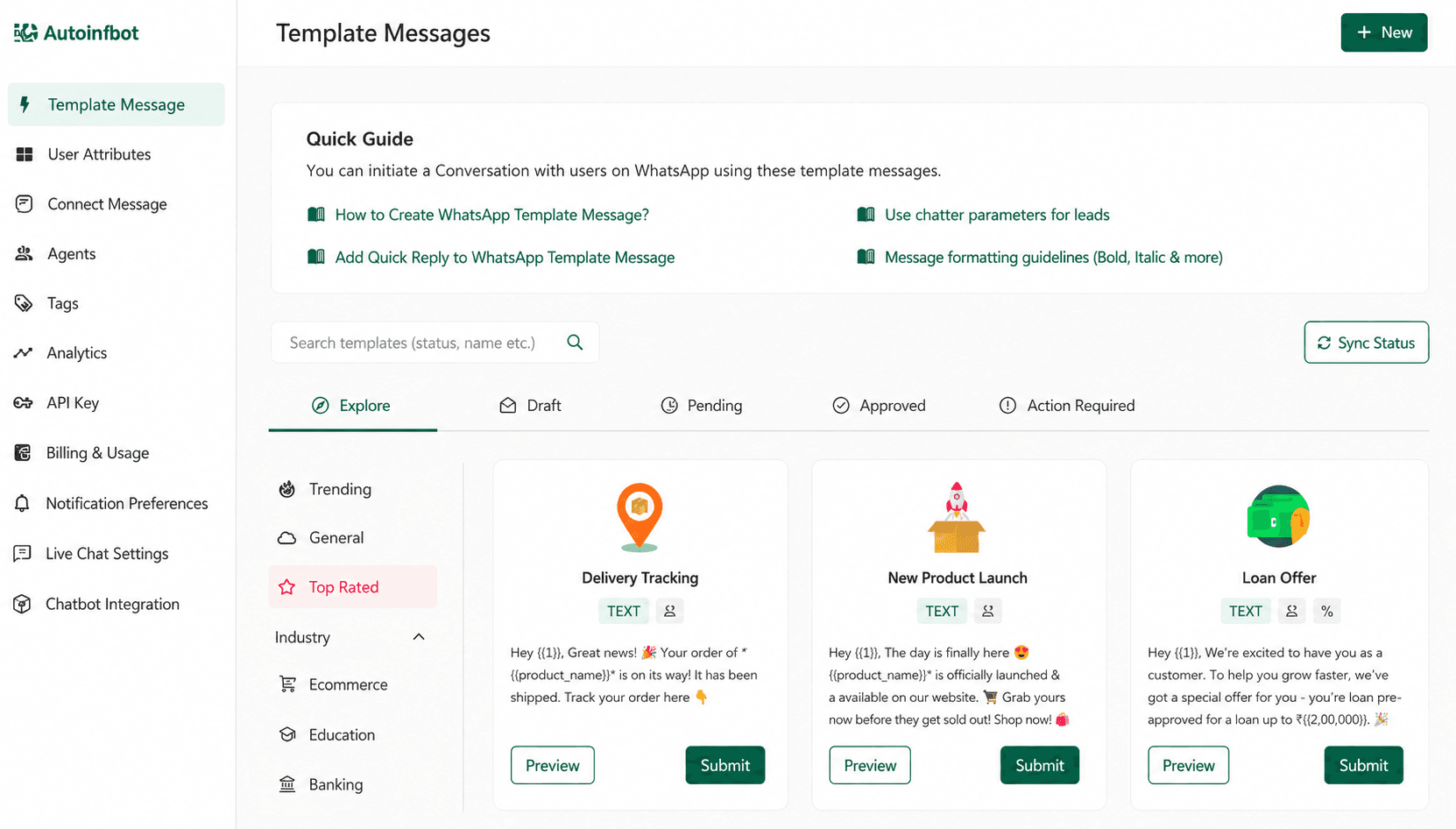 Autoinbot dashboard — WhatsApp template messages and approval workflow
